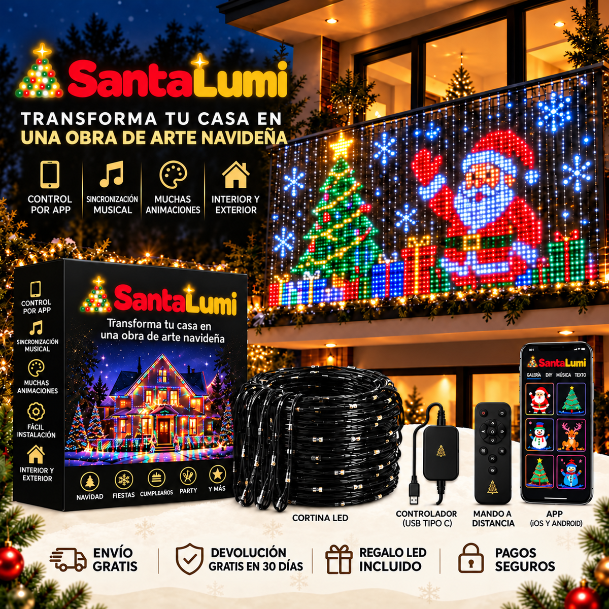 SantaLumi – Cortina LED animada para balcón con aplicación